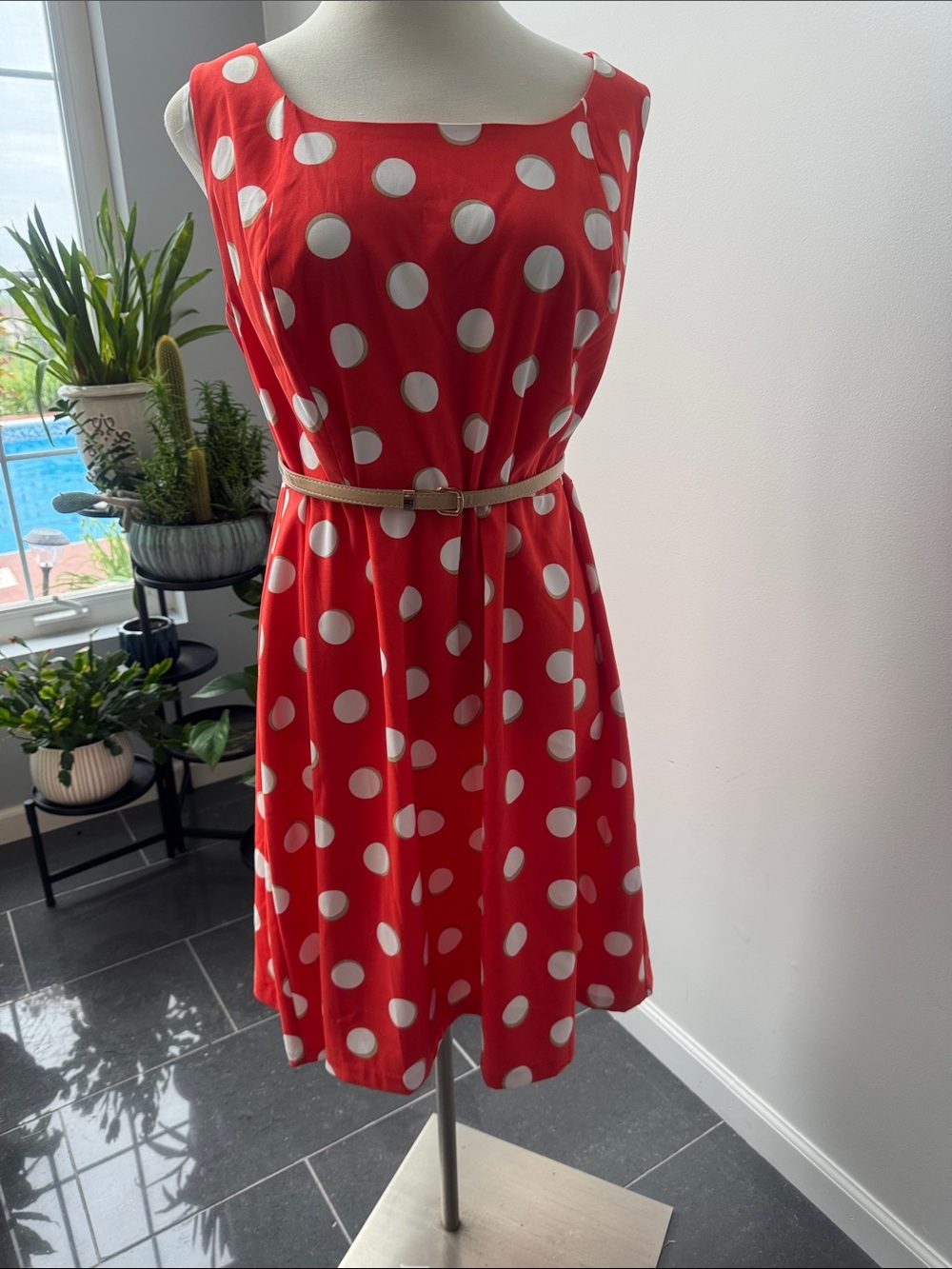 Dressbarn Orange and Cream Polka Dot Sleeveless Midi Dress